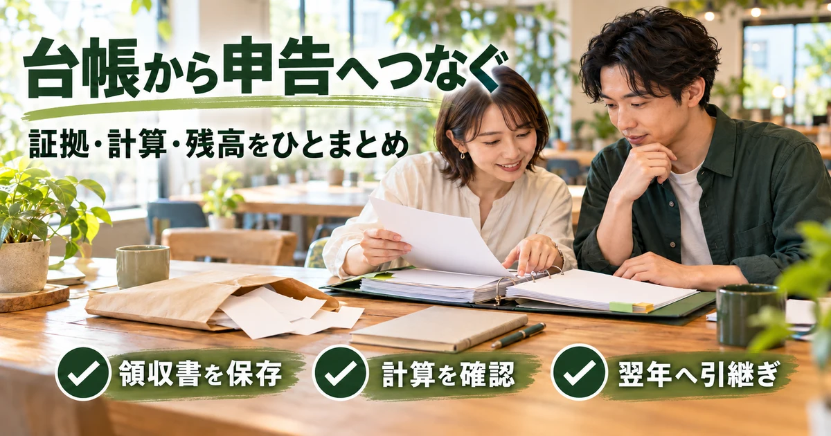 台帳から申告へつなぐ(証拠・計算・残高をひとまとめ)の説明用生成画像