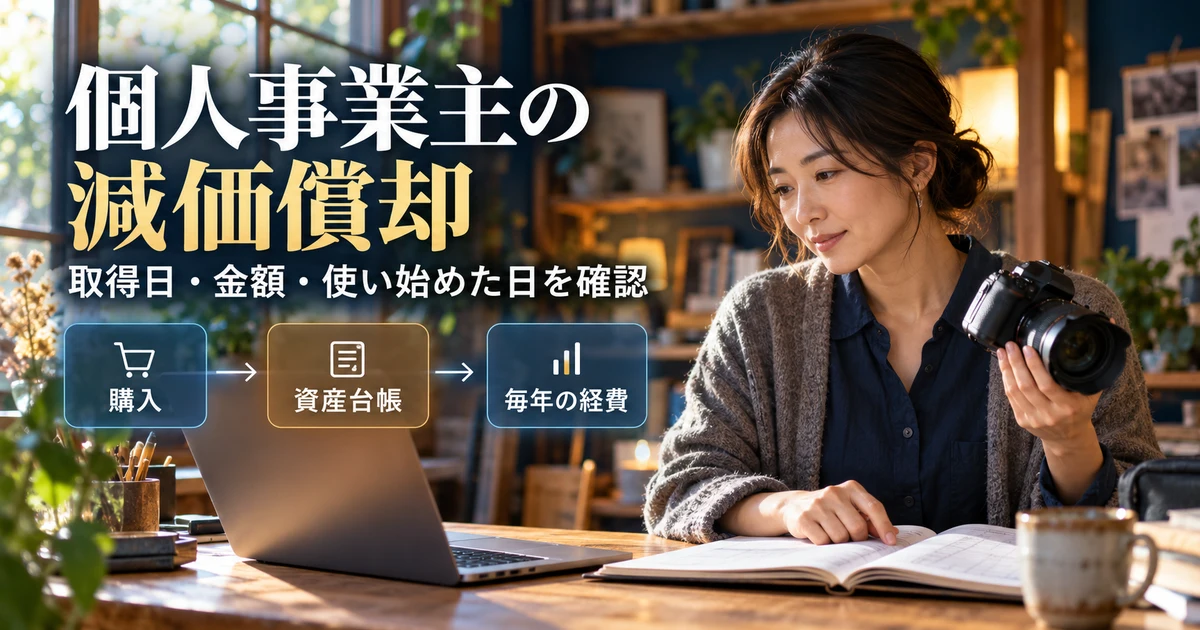 個人事業主の減価償却（取得日・金額・使い始めた日を確認）の説明用生成画像