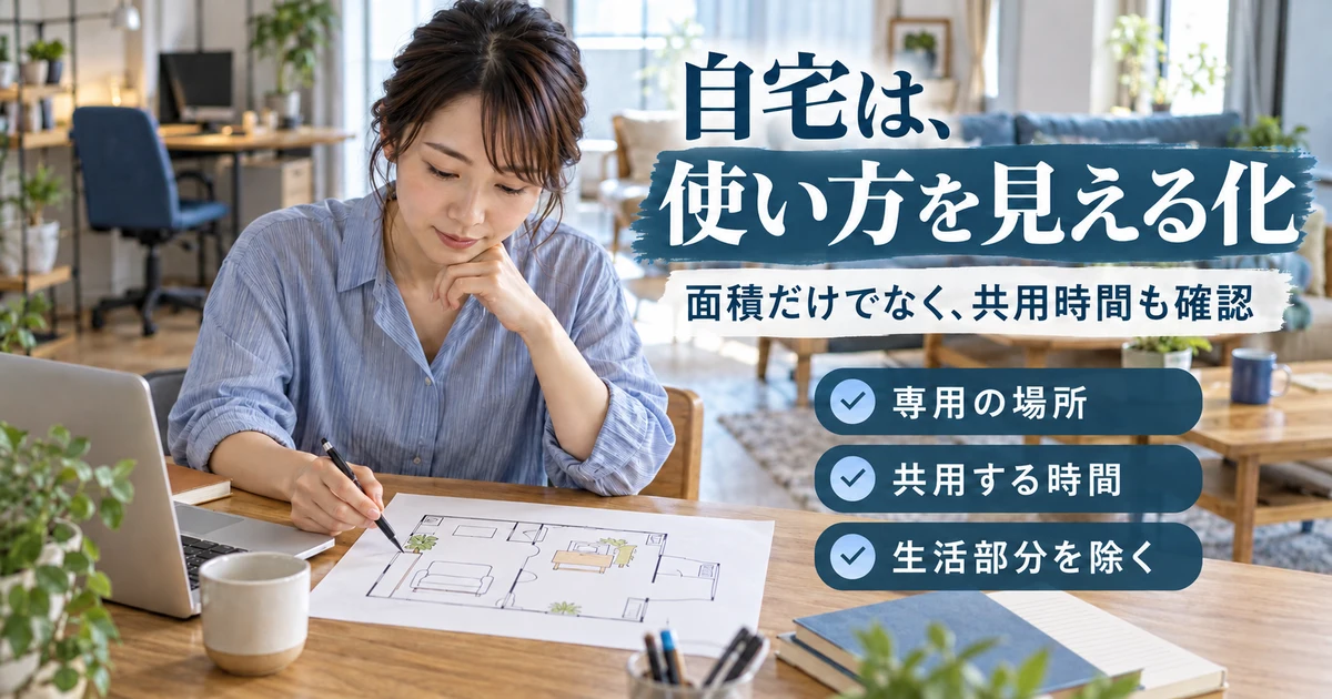 自宅は、使い方を見える化(面積だけでなく、共用時間も確認)の説明用生成画像