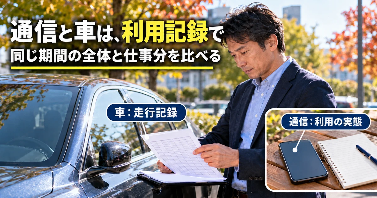 通信と車は、利用記録で(同じ期間の全体と仕事分を比べる)の説明用生成画像