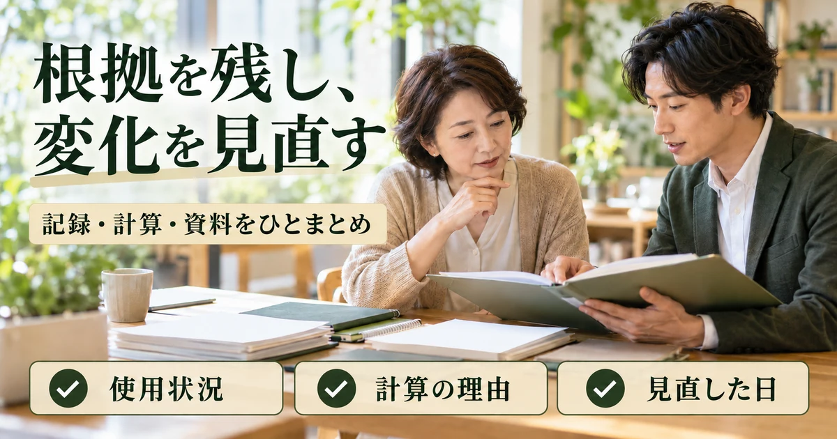 根拠を残し、変化を見直す(記録・計算・資料をひとまとめ)の説明用生成画像