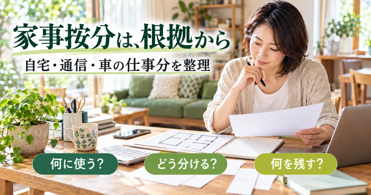 家事按分は、根拠から（自宅・通信・車の仕事分を整理）の説明用生成画像