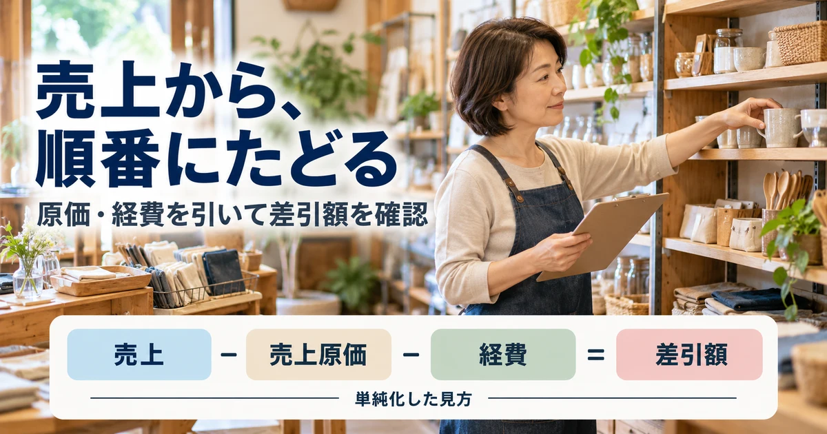 売上から、順番にたどる(原価・経費を引いて差引額を確認)の説明用生成画像