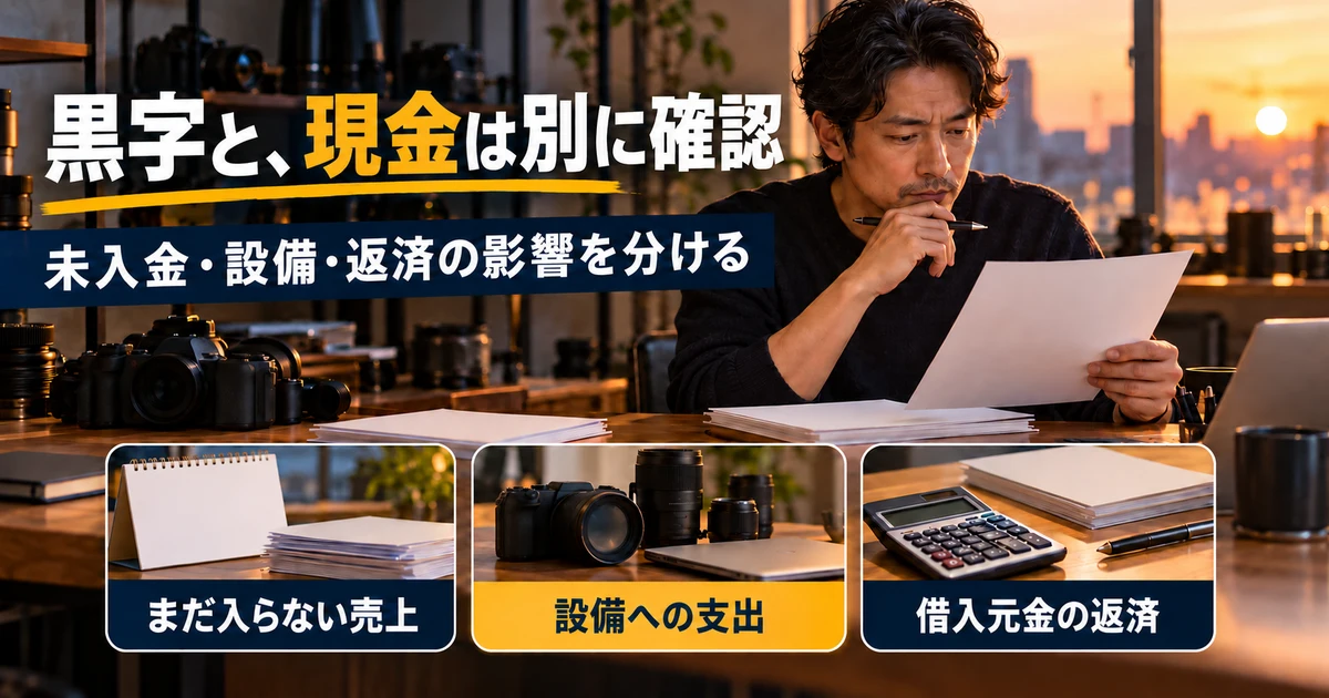 黒字と、現金は別に確認(未入金・設備・返済の影響を分ける)の説明用生成画像