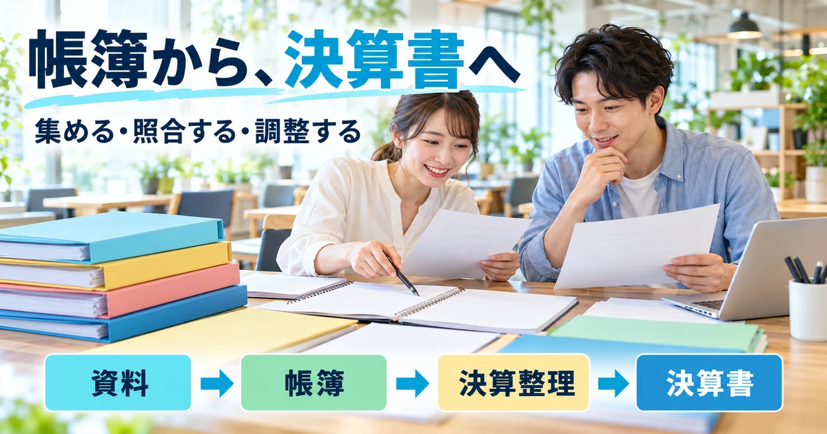 帳簿から、決算書へ(集める・照合する・調整する)の説明用生成画像