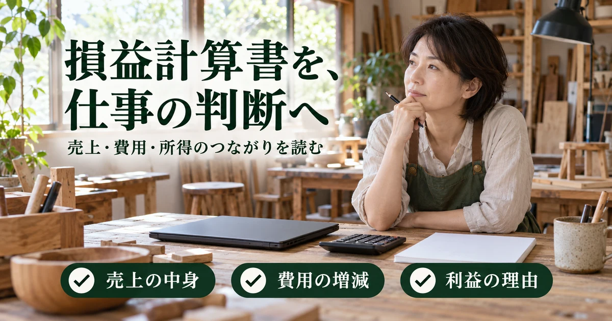 損益計算書を、仕事の判断へ（売上・費用・所得のつながりを読む）の説明用生成画像