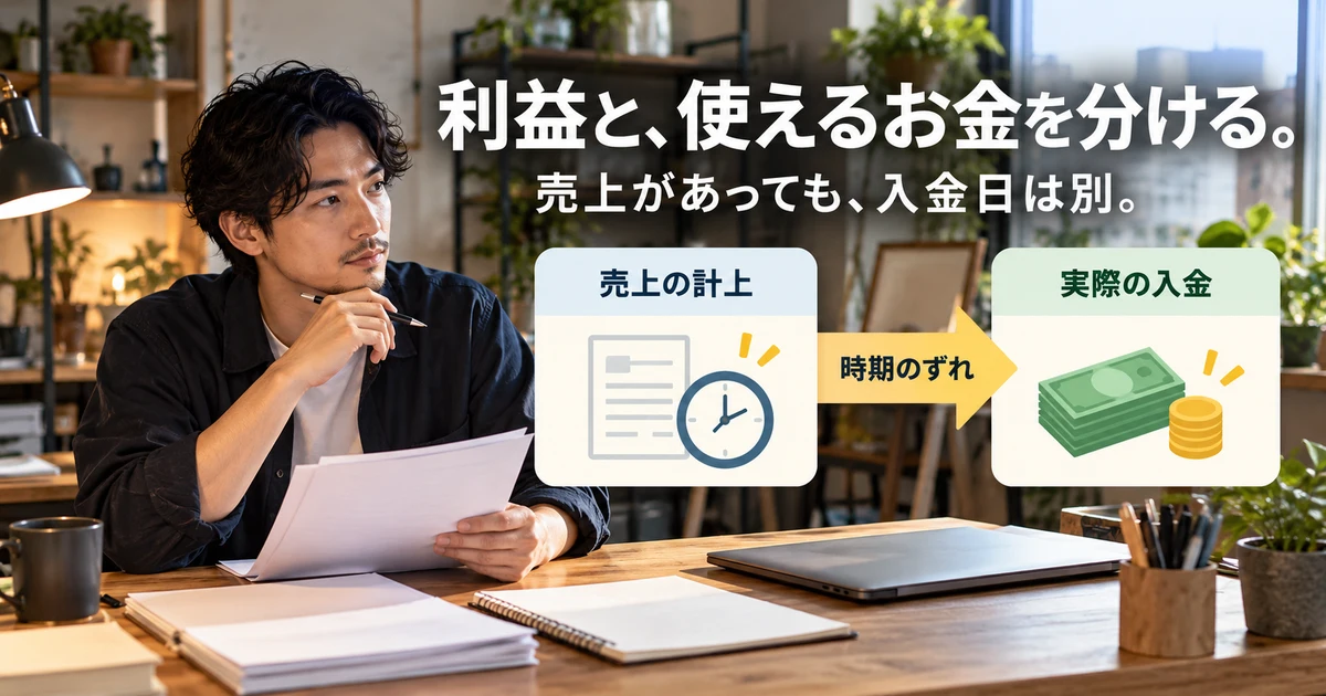 利益と、使えるお金を分ける(売上があっても、入金日は別)の説明用生成画像