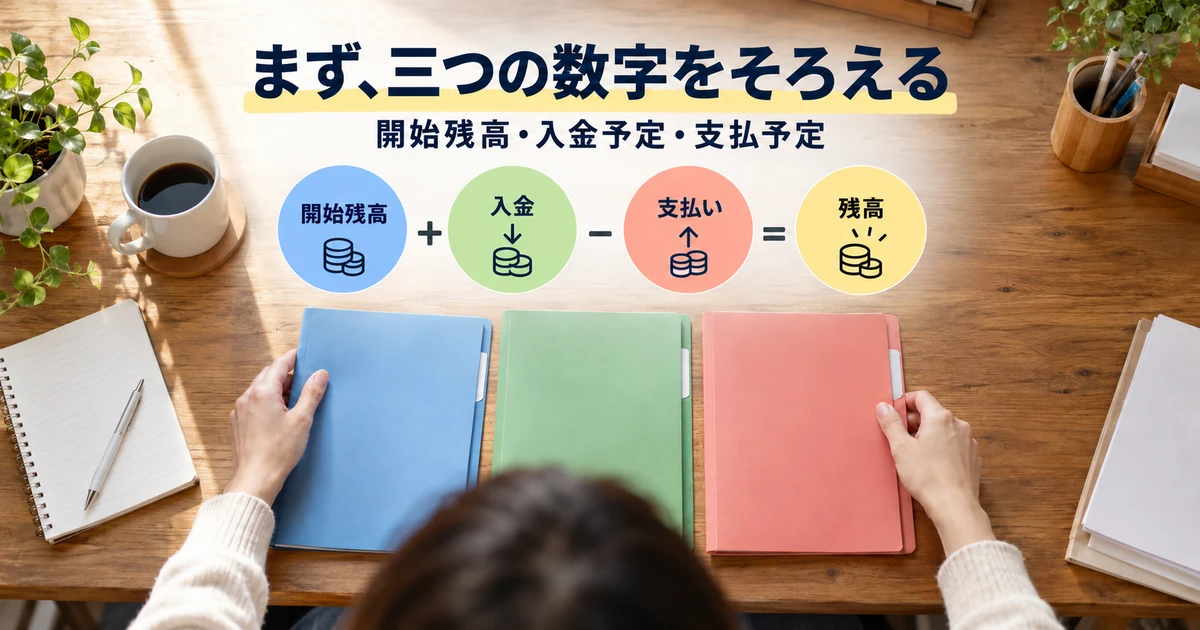 まず、三つの数字をそろえる(開始残高・入金予定・支払予定)の説明用生成画像