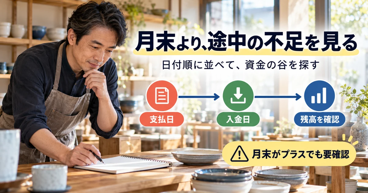 月末より、途中の不足を見る(日付順に並べて、資金の谷を探す)の説明用生成画像
