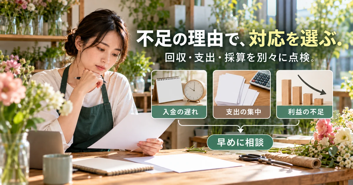 不足の理由で、対応を選ぶ(回収・支出・採算を別々に点検)の説明用生成画像