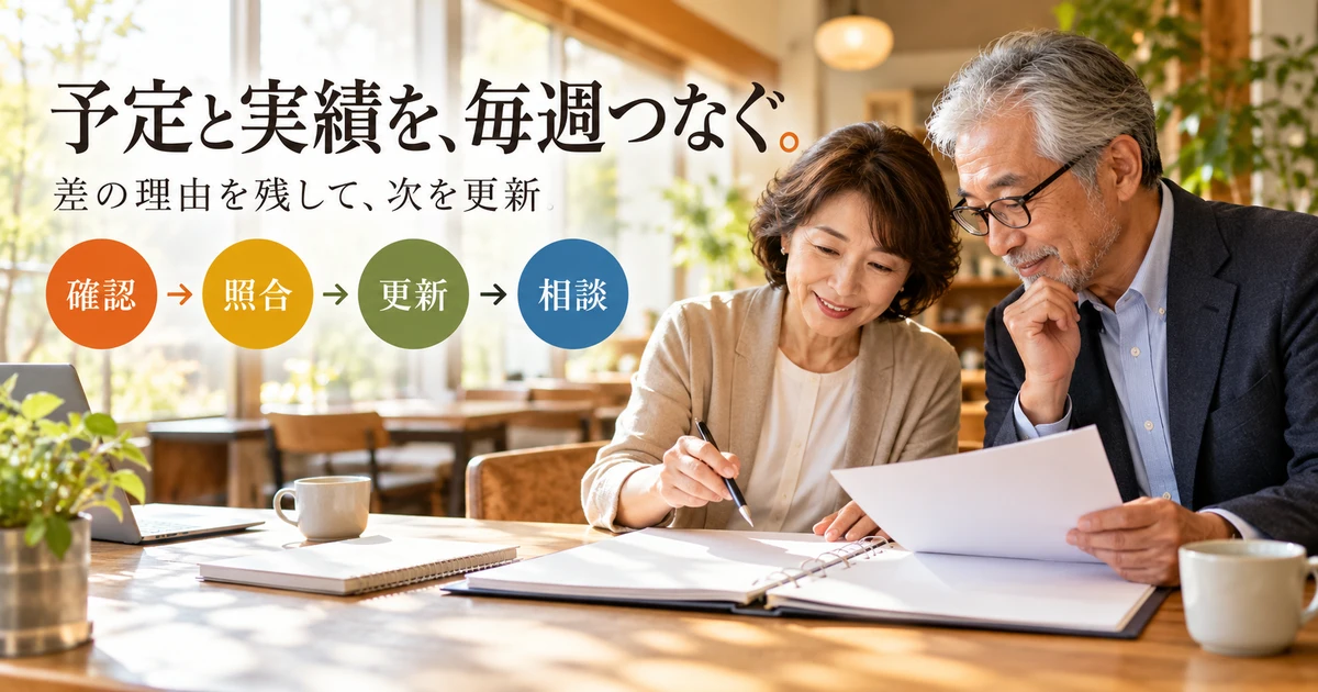 予定と実績を、毎週つなぐ(差の理由を残して、次を更新)の説明用生成画像