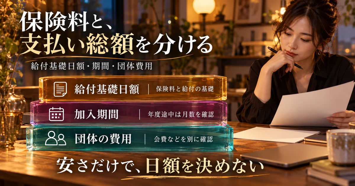 保険料と、支払い総額を分ける(給付基礎日額・期間・団体費用)の説明用生成画像
