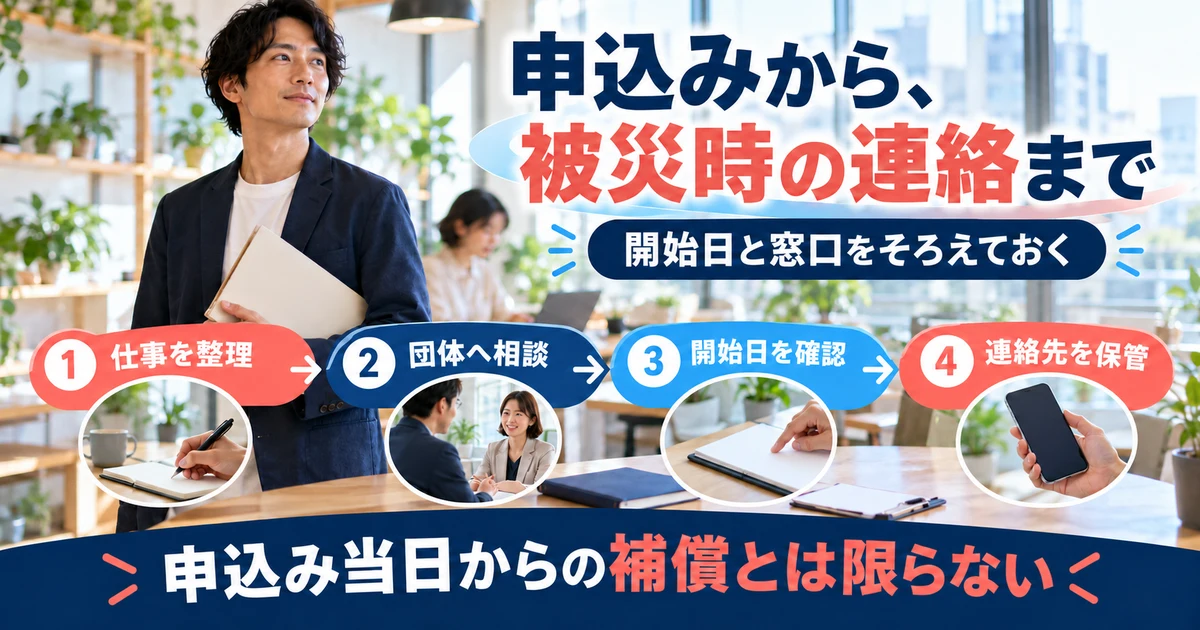 申込みから、被災時の連絡まで(開始日と窓口をそろえておく)の説明用生成画像