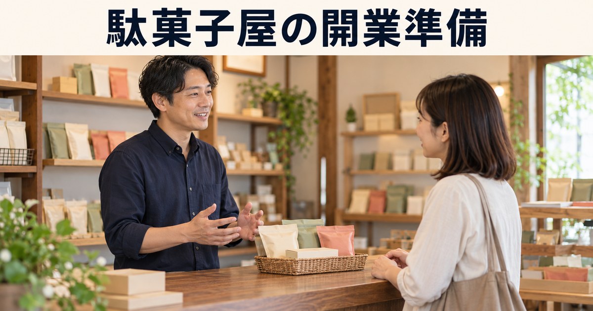 店主と成人客が駄菓子の売場で商品について相談するイメージ