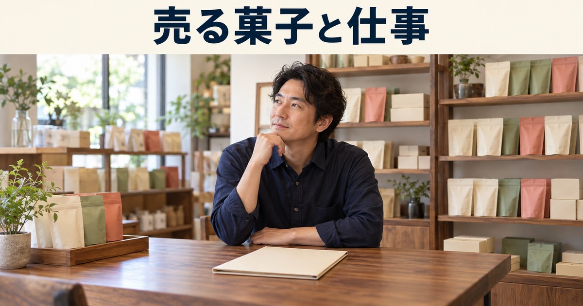 店主が扱う菓子と販売する仕事を考えるイメージ