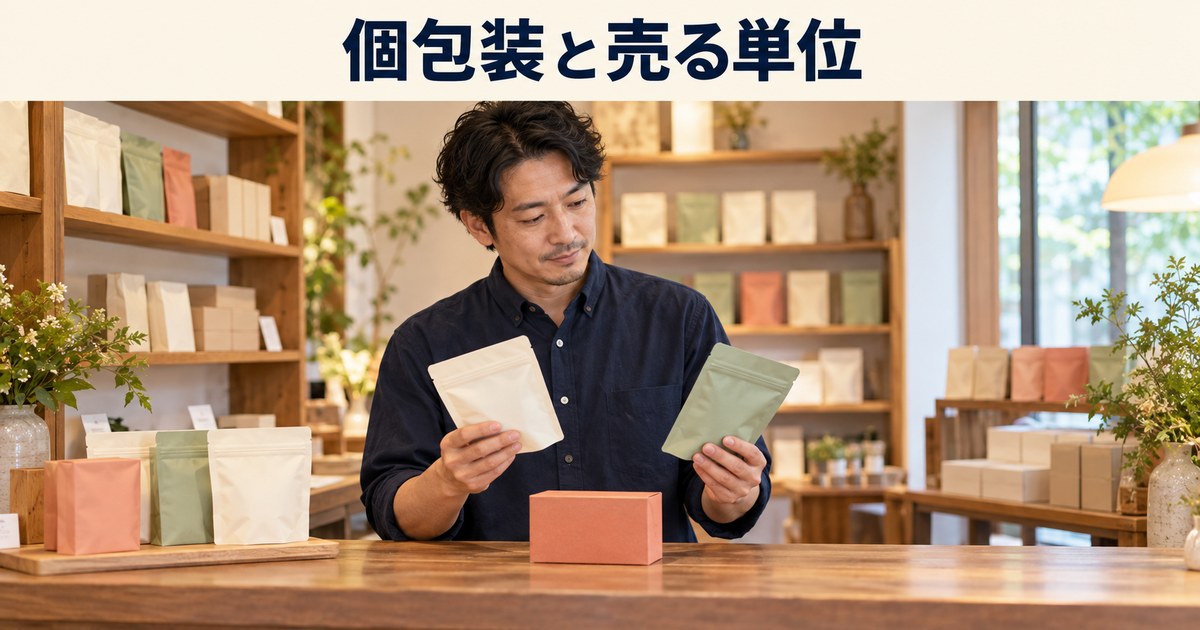 店主が包装された商品と販売する単位を確認するイメージ