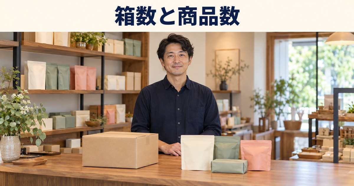 店主が仕入れ用の箱と販売用商品を確認するイメージ
