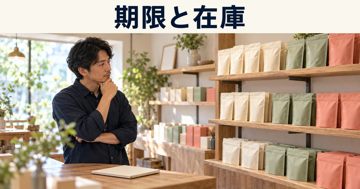 店主が菓子の置き場と確認する商品を整理するイメージ