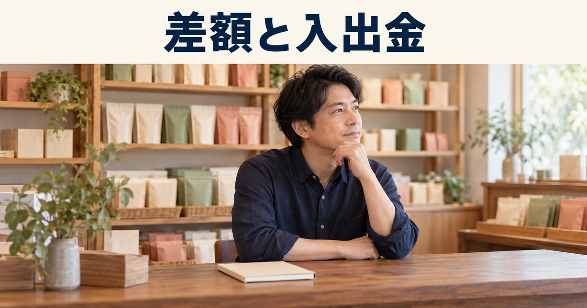 店主が菓子店の販売と入出金を見直すイメージ