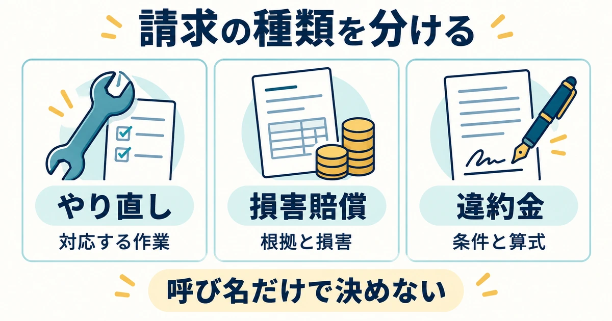 やり直し、損害賠償、違約金を分けて要求の内容と根拠を確認する