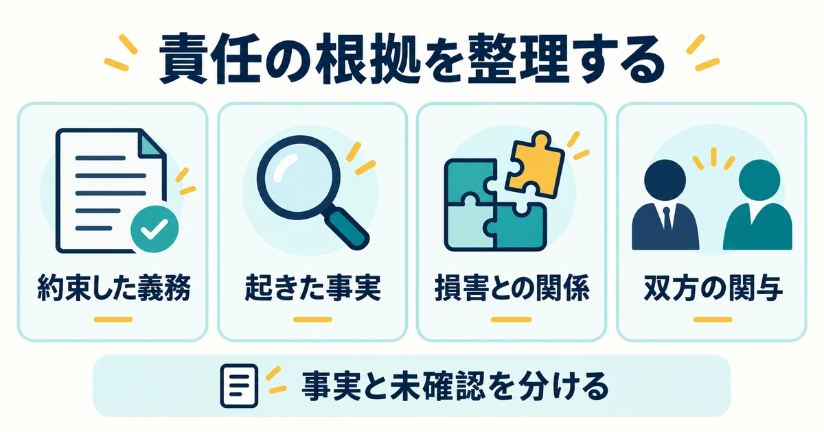 約束した義務、起きた事実、損害との関係、双方の関与を整理する