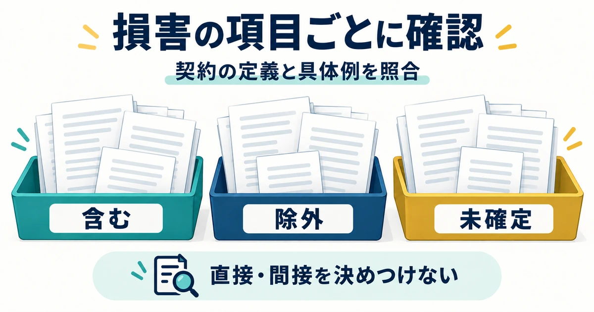 損害項目を契約と具体例に照合し、含む、除外、未確定へ整理する