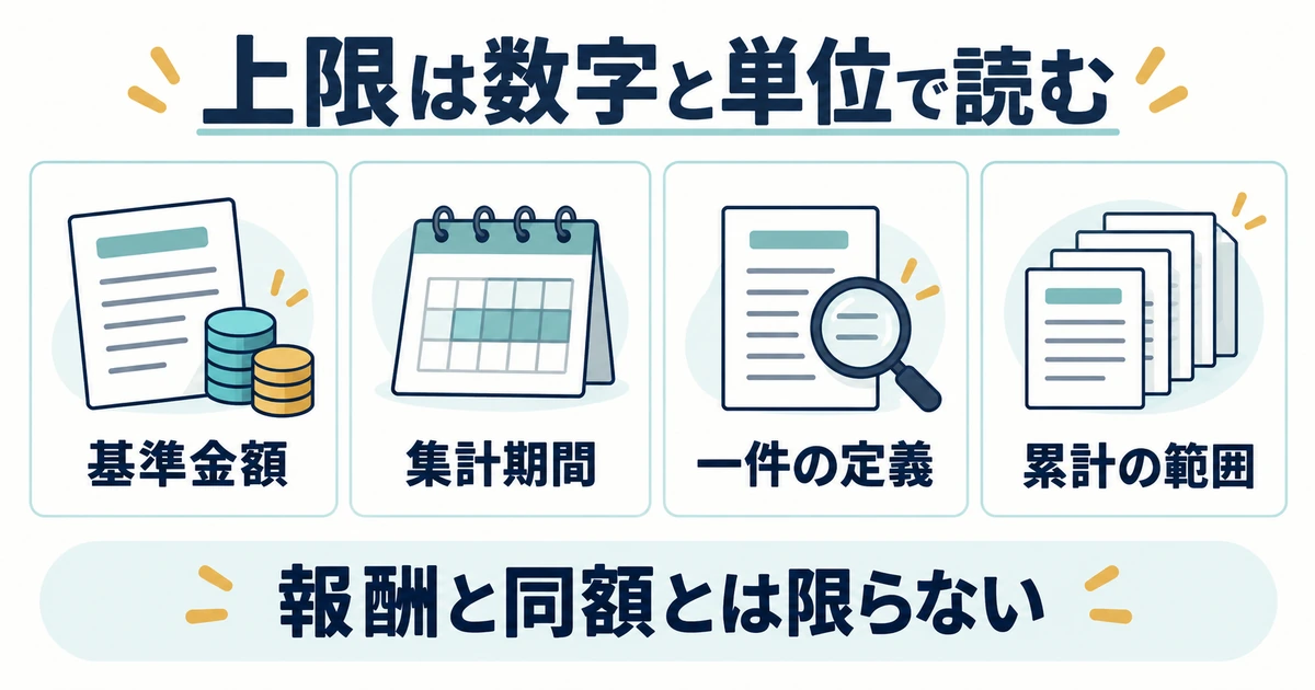 賠償上限の基準金額、集計期間、一件の定義、累計の範囲を確認する