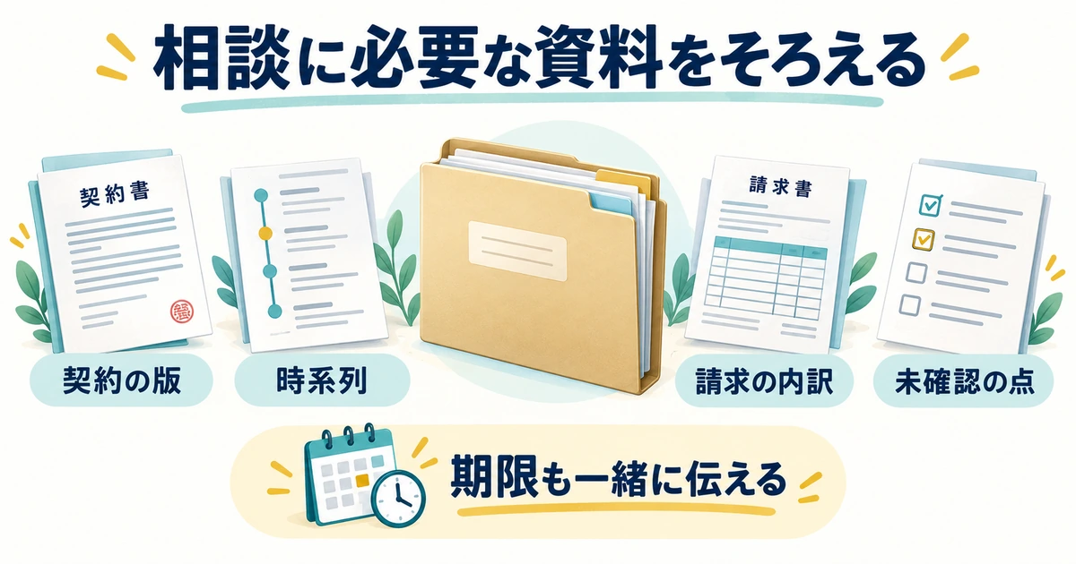 契約の版、時系列、請求の内訳、未確認の点と期限を相談資料へまとめる