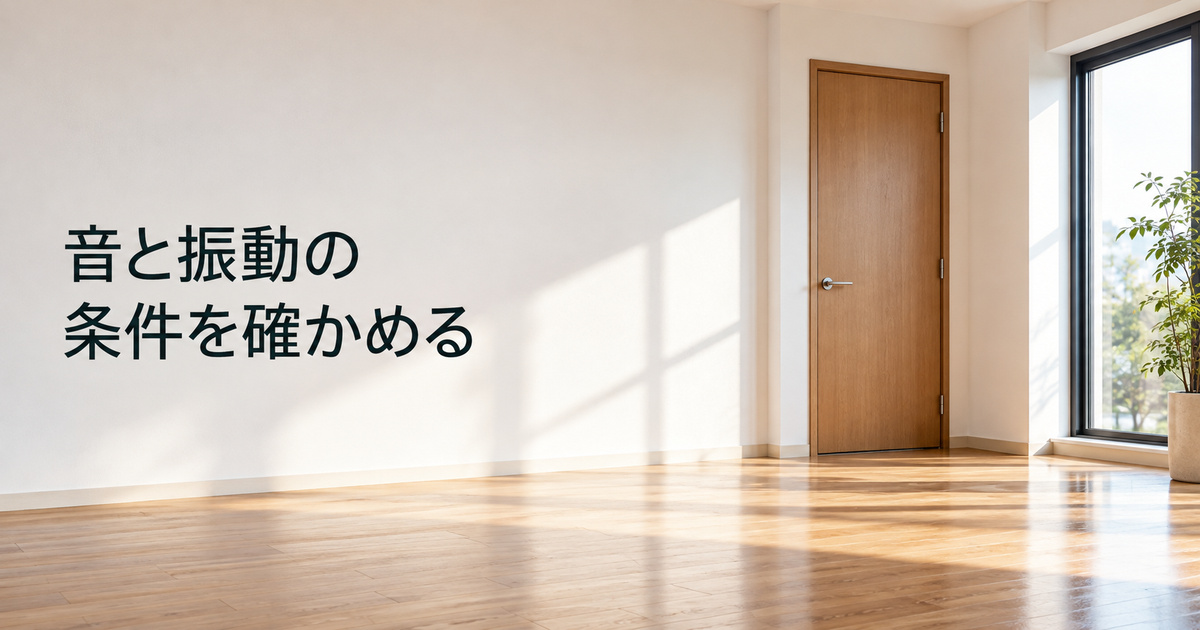 スタジオの扉と周囲の空間から音と使用条件を確認する架空のイメージ