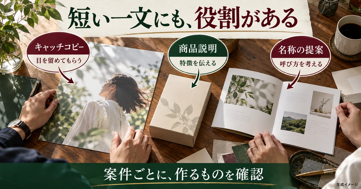 キャッチコピー、商品説明、名称提案の役割を比較する生成イメージ