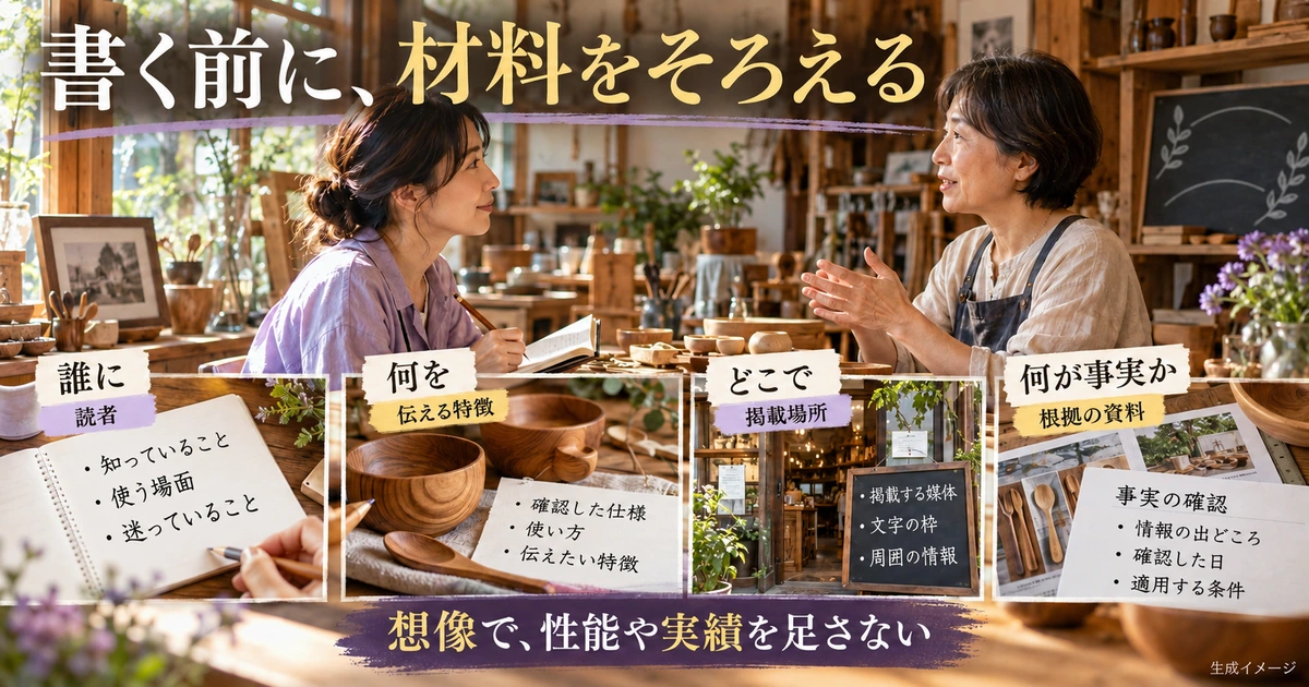 読者、伝える特徴、掲載場所、根拠を文案作成前にそろえる生成イメージ