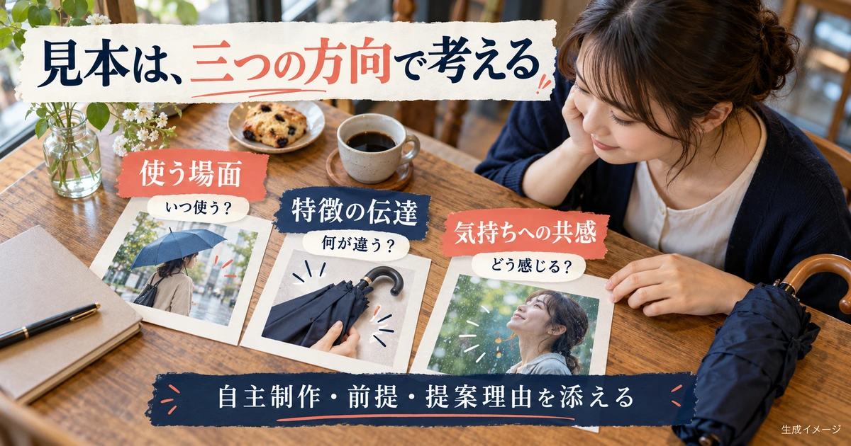 コピーの自主制作で使う場面、特徴、気持ちの三方向を考える生成イメージ