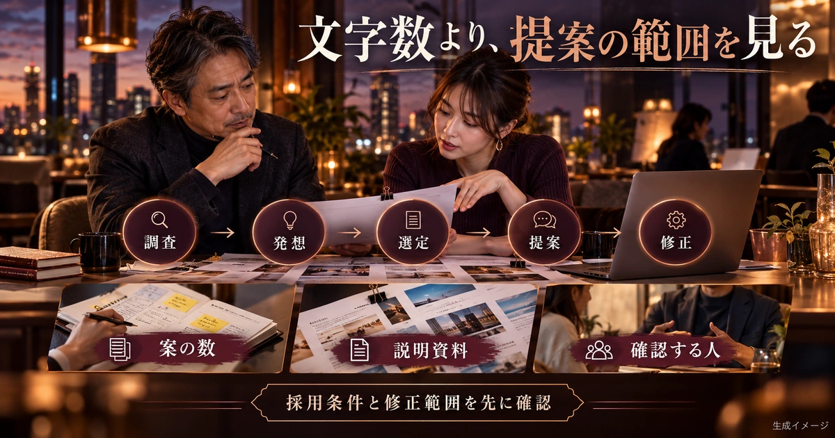 調査から発想、選定、提案、修正の範囲で作業を見積もる生成イメージ