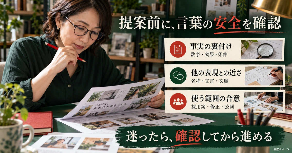 事実の裏付け、類似表現、利用範囲を提案前に確認する生成イメージ