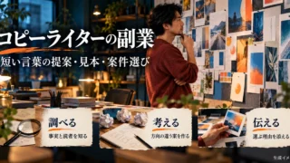 コピーライターの副業で調査、発想、提案の準備を整理する生成イメージ