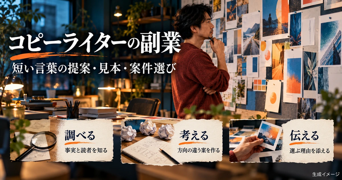 コピーライターの副業で調査、発想、提案の準備を整理する生成イメージ