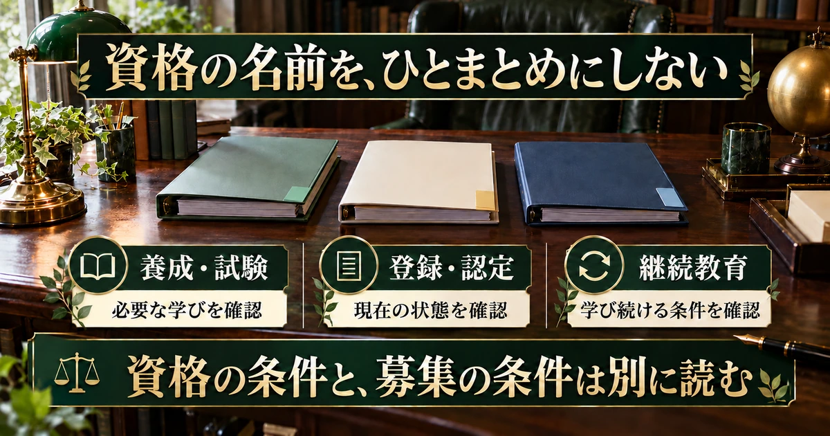 養成と試験、登録と認定、継続教育の条件を分ける生成イメージ