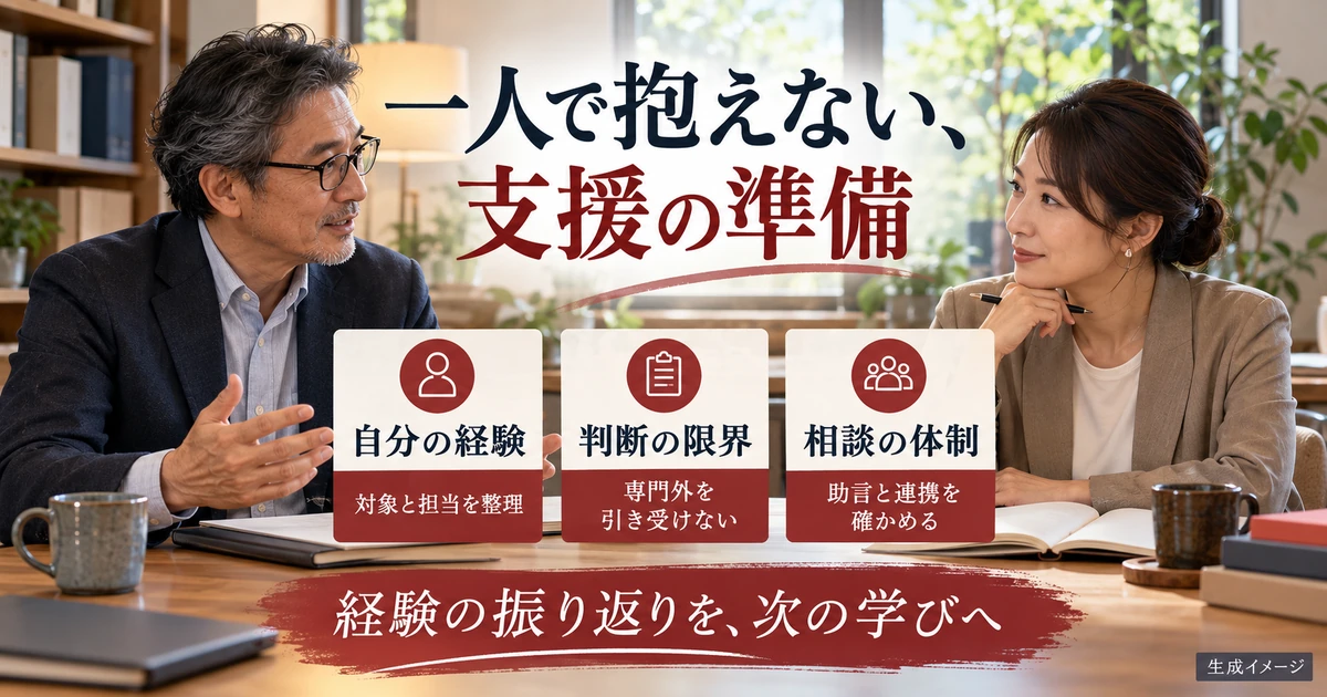 支援者同士で経験、判断の限界、相談の体制を整理する生成イメージ