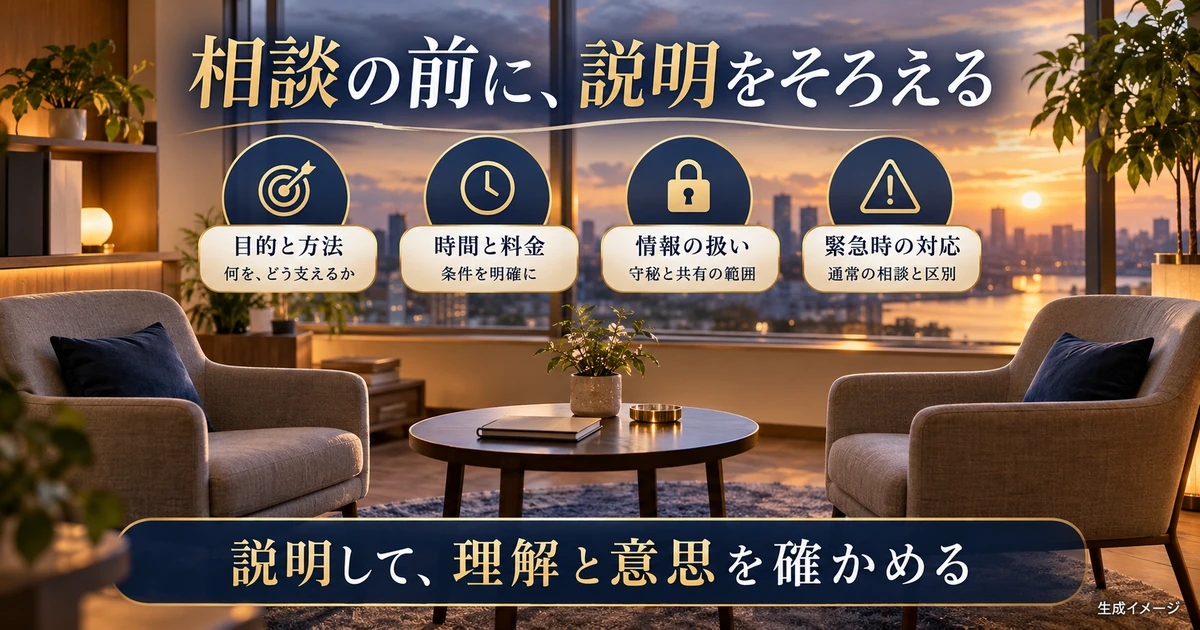 相談前に目的、時間と料金、情報、緊急時の説明をそろえる生成イメージ