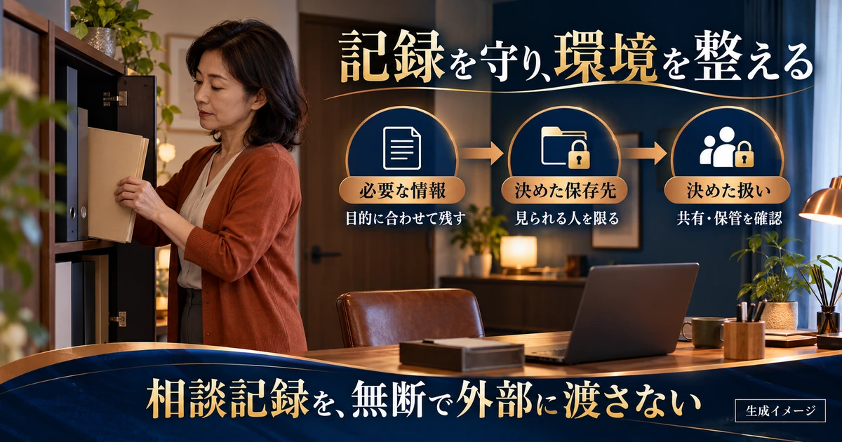 相談記録の必要性、保存先、共有と保管の扱いを確認する生成イメージ