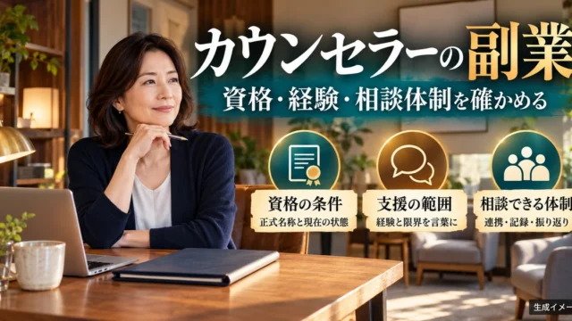 カウンセラーの副業で資格、支援範囲、相談体制を確かめる生成イメージ
