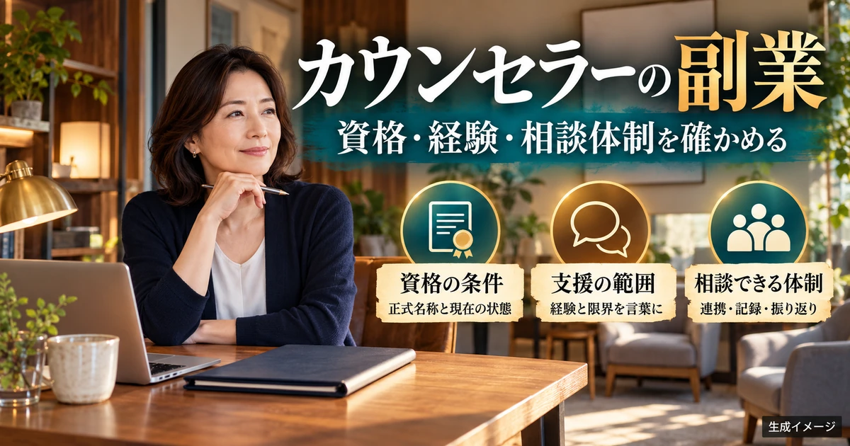 カウンセラーの副業で資格、支援範囲、相談体制を確かめる生成イメージ