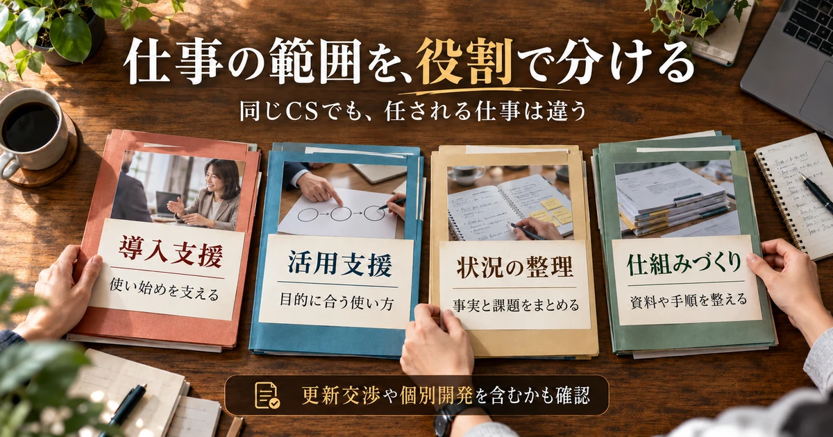 導入支援・活用支援・状況整理・仕組みづくりの4役割を分ける説明用生成画像