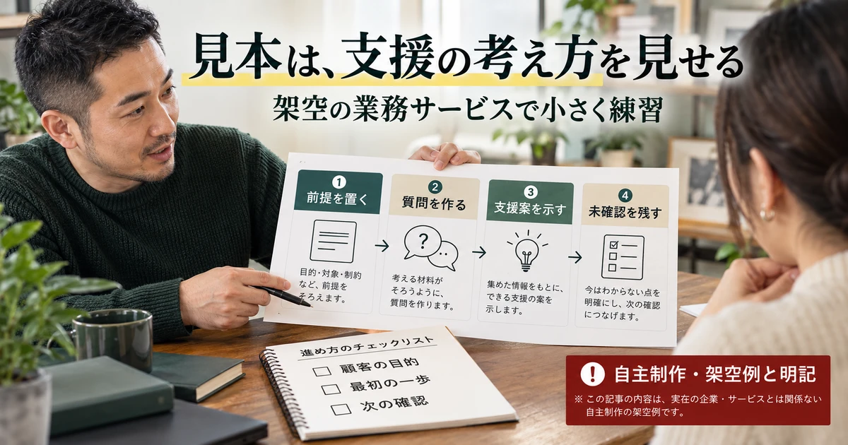 架空の業務サービスについて支援計画の見本を作る手順を示す生成画像