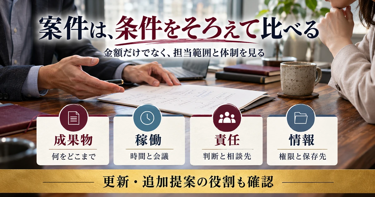 成果物・稼働・責任・情報の4条件から副業案件を比較する生成画像