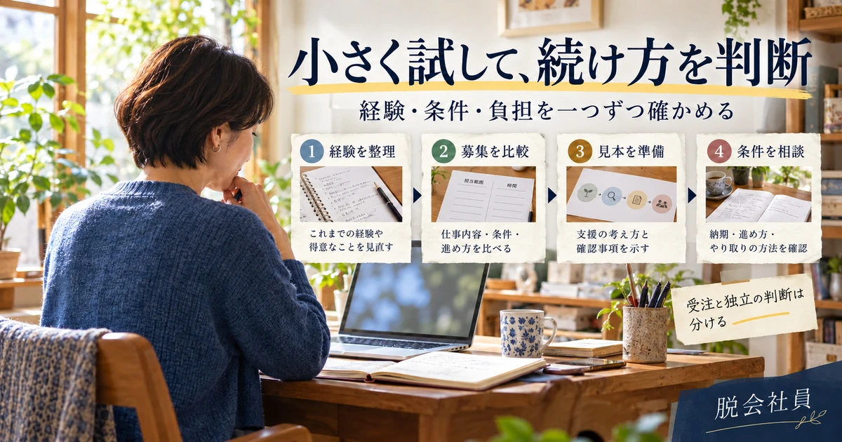 経験を整理し、募集・見本・条件を順に確認する準備の生成画像