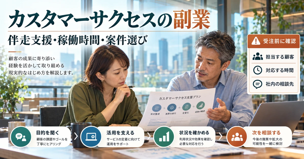 カスタマーサクセス副業の伴走支援・稼働時間・案件選びを相談する説明用生成画像