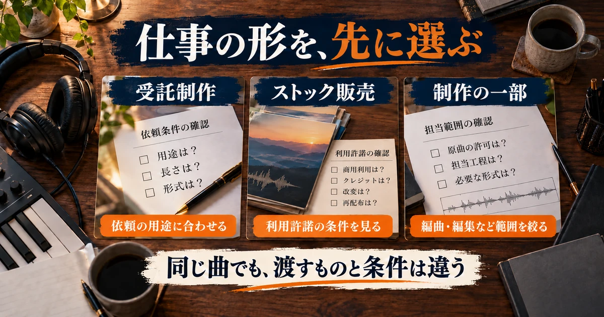 DTMの受託制作、ストック販売、部分作業と確認する条件を比較する生成イメージ