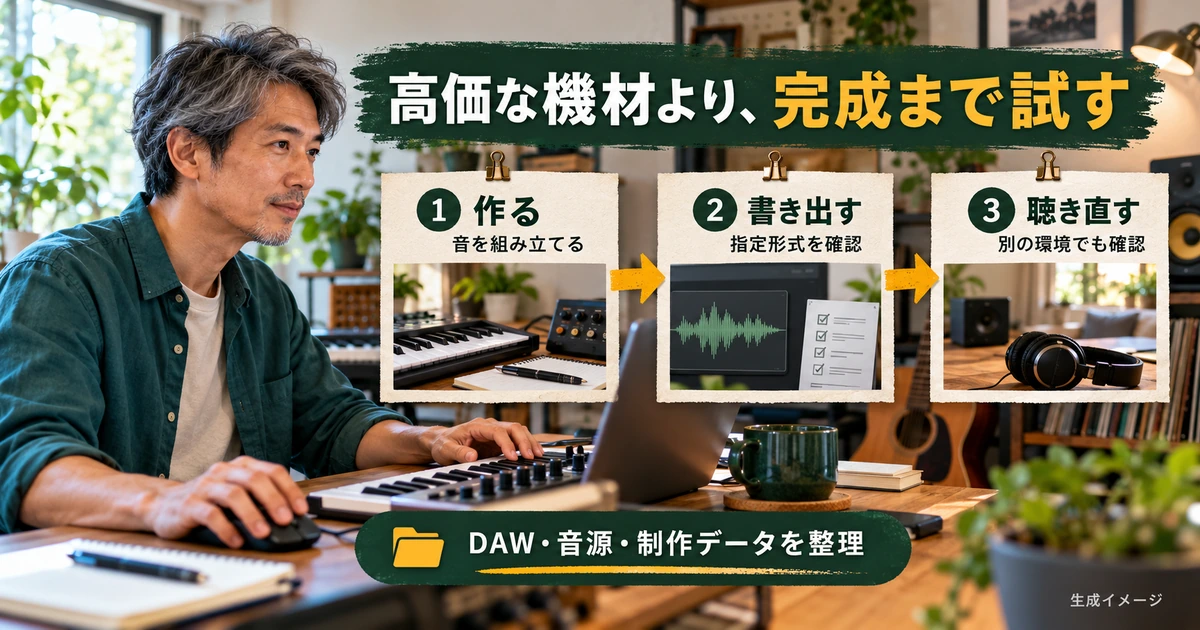 音楽を作る、書き出す、別の環境で聴き直す三段階を示す生成イメージ