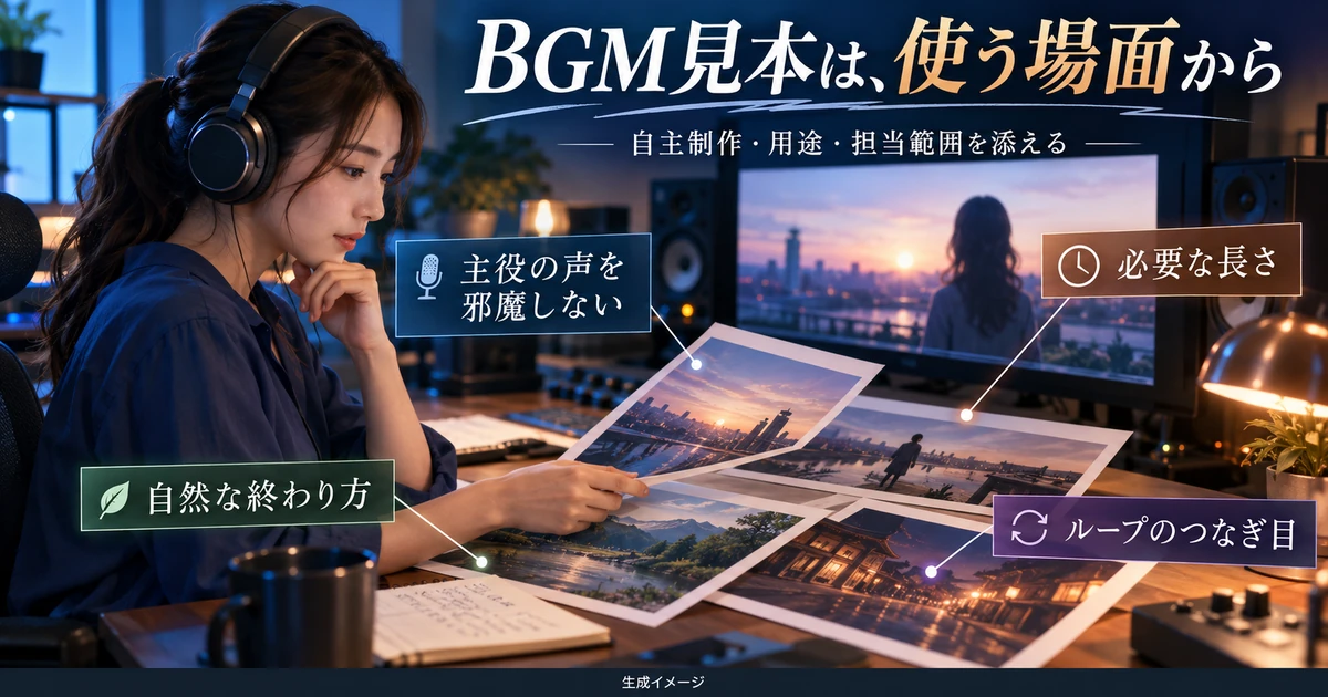 BGM見本の声との関係、長さ、終わり方、ループを点検する生成イメージ